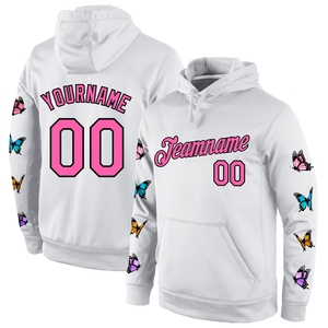 Sudadera con Capucha Deportiva, Diseño Nuevo, Personalizada, con Mariposas 3D en Blanco, Rosa y Negro, Venta Directa de Fábrica - Product Image 1