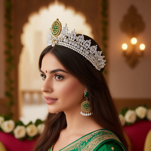 Green Surya Chandra Wedding Tiara Crown Hair Jewelry with Crystal Diamond - Product Image 3