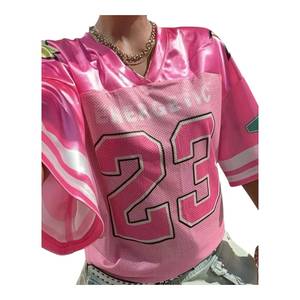 Pink Breathable Polyester Mesh Jersey <b>T</b>-<b>Shirt</b> <b>Women</b> <b>V</b>-<b>Neck</b> Oversized Loose Short Sleeve Solid Summer Streetwear - Product Image 4