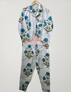 Women Floral Hand Block Printed Cotton Breathable Winter Pajama Set Elegant White Long Sleeve Button-<b>Down</b> Nightwear Shirt - Product Image 2