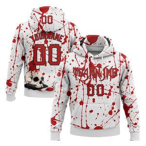 Sweat à capuche gothique personnalisé avec motif crâne éclaboussant de sang pour homme, blanc et rouge, impression par sublimation, coupe classique, pour l'automne - Product Image 1