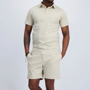 High Quality Custom Design Factory Price Formal Wear Top Selling Short Sleeve Plain High Neck Rib Design Men's <b>Twinset</b> Summer - Product Image 3