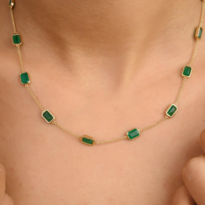 14K Solid Yellow Gold Emerald Station Link Chain Necklace - Product Image 1