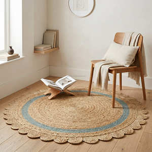 Tapis rond bleu festonné en jute tressé de 4 pieds, tapis de sol circulaire tissé à la main pour maisons de style côtier - Product Image 2