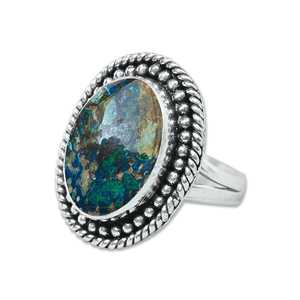 Bague artisanale en argent plaqué avec grande pierre de chrysocolle naturelle de forme ovale, style bohème chrétien, pour femme, cadeau de Noël - Product Image 1