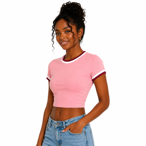 Premium Women's Pink <b>Crop</b> <b>Top</b> Short Sleeve Slim Fit Crew Neck Ringer T-Shirt Solid Color Casual Jersey Cotton Breathable - Product Image 3