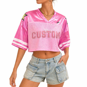 Camiseta de fútbol americano para mujer, top corto de malla rosa, ajuste holgado, manga corta, logotipo personalizado, uniforme de equipo, suministro OEM al por mayor - Product Image 2