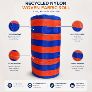 Rollo de Tela Tejida de Nailon Recubierto de PVC Reciclado, Patrón de Rayas Azules y Naranjas, Textil Industrial Resistente para Bolsas y Uso en Exteriores - Product Image 6