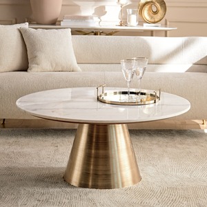 Mesa de centro ovalada moderna con superficie de mármol blanco y base de latón, mueble para sala de estar - Product Image 6