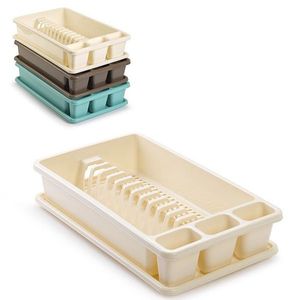 Scolapiatti in Plastica Beige Marrone con Vassoio di Drenaggio e Porta Posate, Organizzatore per Lavello da Cucina - Product Image 1