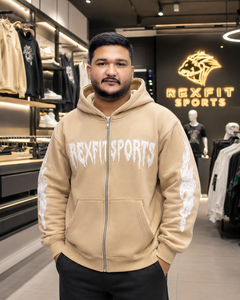 REXFITSPORTS 2026 Sweat à capuche zippé intégral pour homme, beige, avec motif, 280-300 GSM, en coton et polyester molletonné, streetwear personnalisé - Product Image 4