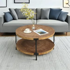 Mesa de Centro Redonda Rústica de 2 Niveles de Madera con Marco de Metal Negro, Mesa Auxiliar Moderna de Estilo Industrial para Sala de Estar - Product Image 3
