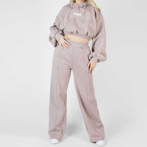 Wholesale streetwear 100%cotton fleece scrunchy <b>string</b> bottom women tracksuits crop <b>top</b> slim fit trouser jogging suits tracksuit - Product Image 2