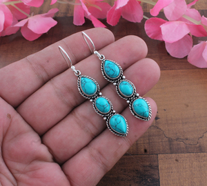 Boucles d'oreilles pendantes en turquoise à trois pierres, en argent sterling 925, forme goutte d'eau, luxe, unisexe, cadeau pour femme, mariage, fête - Product Image 3