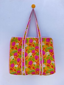 Bohemian <b>Yellow</b> Quilted Cotton Tote <b>Bag</b> with Floral Print Bohemian Style Casual Zipper Shopping Grocery Handbag for Women - Product Image 1