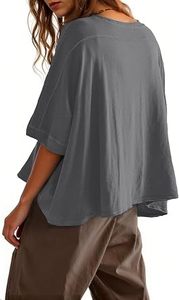 Gray <b>Women</b> Oversized Cropped T-<b>Shirt</b> Short Sleeve <b>Loose</b> Fit - Product Image 4