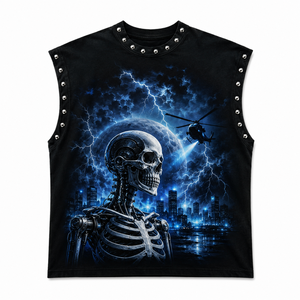 Camiseta sin mangas negra personalizada con cuello con tachuelas, 100% algodón, estilo urbano, estampado gráfico de calavera de ciencia ficción, top de verano - Product Image 1