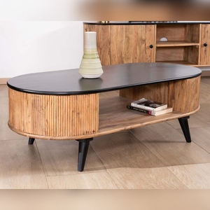 Vandana Silver Style rounded <b>coffee</b> <b>table</b> in natural and <b>black</b> acacia wood - Product Image 6