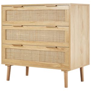Comò Moderno a 3 Cassetti in Rattan, Cassettiera in Legno Naturale, Organizzatore per Vestiti con Stile Boho per Applicazioni in Seminterrato - Product Image 1