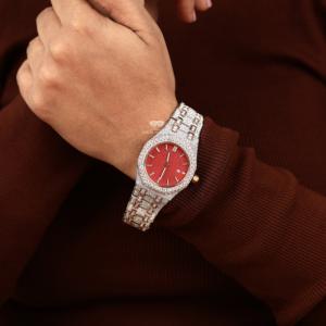 Reloj de Mujer de 34 mm con Moissanita, Esfera Roja, Tono Oro Rosa, Acero Inoxidable, Estilo Hip Hop, Lujoso y Brillante - Product Image 3