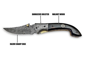 Cuchillo Plegable Hecho a Mano con Hoja Recta de Acero de Damasco y Mango de Madera de Nogal, Funda de Cuero, Utilitario DIY - Product Image 6