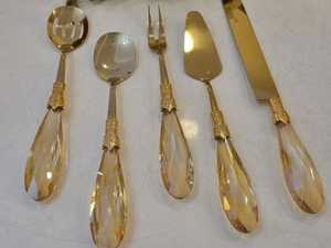 Juego de cubiertos de acero inoxidable con mango de resina perlada y cuentas, cubiertos plateados con lazo rosa, cuchillo, tenedor y cuchara para mesa, para café. - Product Image 2