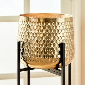 Tall <b>Honeycomb</b> Hammered Gold Metal Planter Pot with Black Iron Stand – Modern Brass Finish <b>Decorative</b> Indoor Plant Holder. - Product Image 6