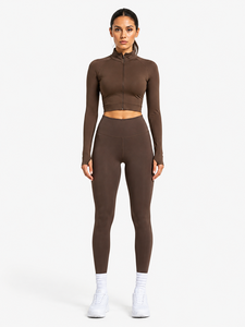 2-Piece Yoga Set Quarter-Zip Crop Top High-Waist Full-Length <b>Leggings</b> Seamless Solid Brown Spandex/<b>Nylon</b> Breathable Quick Dry - Product Image 3