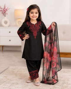 Ensemble Salwar Kameez pakistanais noir pour filles, 3 pièces, avec kurta brodée, dupatta fleuri, tenue pour fête de l'Aïd, mariage - Product Image 5