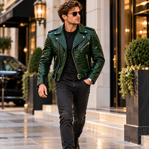 Mens Green for Embossed Leather Biker <b>Jacket</b> | Premium Breathable Motorcycle <b>Jacket</b> <b>with</b> <b>Zipper</b> <b>Pockets</b> Vintage Design - Product Image 3