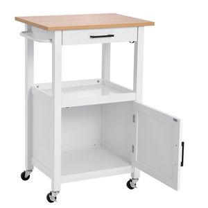 Carrello da Cucina Mobile in Legno con Anta Singola, Ripiani Regolabili, Cassetto, Portasciugamani e Ruote Girevoli - Product Image 1