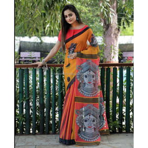 Ropa de fiesta amarilla y roja Saree de impresión digital de lino - Product Image 2