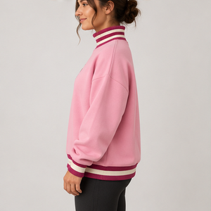 Women's Light <b>Pink</b> Mock Neck <b>Sweatshirt</b> with White Striped Trim Varsity Letters Long Sleeve Custom Logo - Product Image 3
