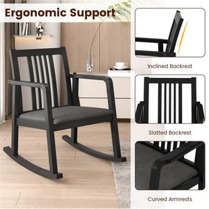 Fauteuil à bascule d'intérieur en bois massif avec coussin en lin noir, capacité de charge de 400 lb, pour salon - Product Image 5