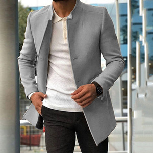 Men's Blue Mandarin Collar Shirt <b>Jacket</b> Slim Fit <b>Smart</b> Casual Polyester Blazer Spring Wear Regular Sleeve Solid Color - Product Image 5