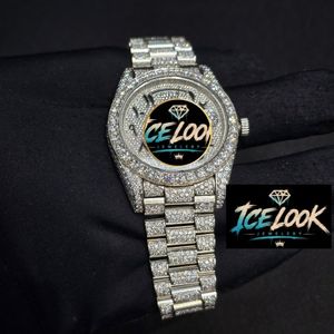Montre de luxe pour femme ICE LOOK en acier inoxydable, cadran rond de 40 mm, affichage analogique à quartz, date, bracelet serti de diamants, fermoir pliant - Product Image 3