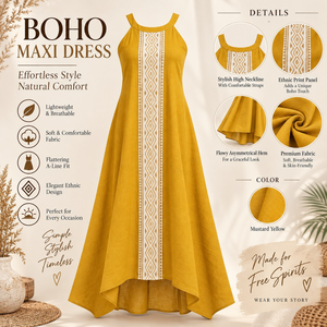 Mustard Ethnic Cotton Maxi <b>Dress</b> | Womens High Neck Sleeveless A Line <b>Boho</b> Print Asymmetrical Hem <b>Summer</b> Casual Resort Wear Long - Product Image 2