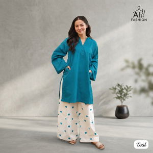 Ensemble pour femme Kurti couleur turquoise avec pantalon palazzo imprimé cœur, coupe ample, longueur cheville, style décontracté indien pakistanais - Product Image 1