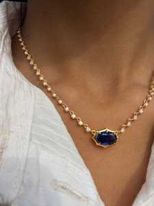 14K 18K Solid Gold Oval Blue Gemstone <b>Statement</b> <b>Necklace</b> Single Line Tennis Choker <b>Necklaces</b> Big Center Stone Custom Wholesale - Product Image 4