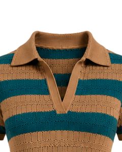 Mono de punto a rayas verde azulado y beige para mujer, manga corta, cuello polo, informal de verano, de una pieza, ajustado, diseño personalizado - Product Image 4