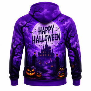Sudadera con Capucha Personalizada Morada de Halloween con Diseño de Casa Encantada y Calabaza, Unisex, Sublimada, de Poliéster, Estilo Gótico Urbano - Product Image 4