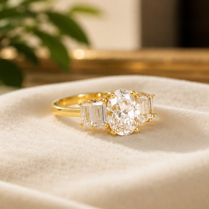 Bague de fiançailles en or jaune plaqué 14 carats avec moissanite, cinq pierres, bague de demande en mariage, diamant taille ovale, pour femme - Product Image 2