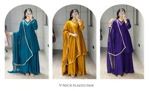 Conjunto de Kurta y Palazzo Vichitra de Calidad de Exportación con Cuello Bordado, Palazzo con Elástico Completo y Dupatta con Borde de Encaje - Product Image 2