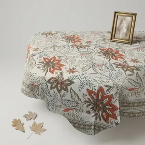 Floral Printed Cotton <b>Tablecloth</b> Square Pastoral Style Washable Home Decor Hand block Pattern Cotton Table Cloth - Product Image 2