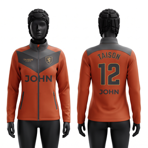 Veste d'entraînement pour équipe de rugby féminine, 280 GSM, polyester interlock premium, panneau contrastant or, noir, gris, logo personnalisé - Product Image 2