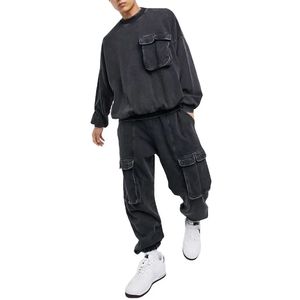 Ensemble de survêtement décontracté pour homme en molleton bouclette, avec sweat à capuche à épaules tombantes et pantalon de jogging, effet délavé au charbon et teint à la pierre - Product Image 2