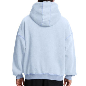 เสื้อฮู้ดดี้สีน้ำเงินฟอกยีนส์ทรงบ็อกซี่ฟิตโอเวอร์ไซส์ ผ้าฝ้าย 100% หนัก 400 GSM ซิปหน้า สไตล์สตรีทแวร์จากโรงงานโดยตรง - Product Image 4