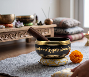 Bol chantant tibétain gaufré - Finition noir mat et or, fait main, pour la relaxation et l'équilibrage des chakras - Product Image 1