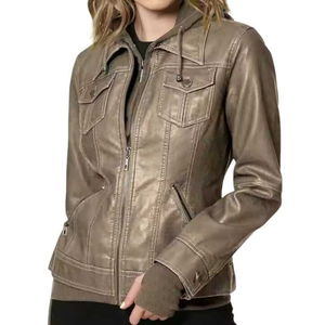 Women's PU Leather Slim Fit Short Motorcycle Jacket Hooded Full Sleeve <b>Zipper</b> Closure Solid Color Autumn Wear - Product Image 4