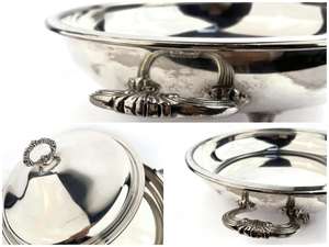Plat de service vintage plaqué argent, bol à couvercle avec poignées ornées, soupière à pieds avec couvercle, accessoire de vaisselle, buffet à la française - Product Image 2